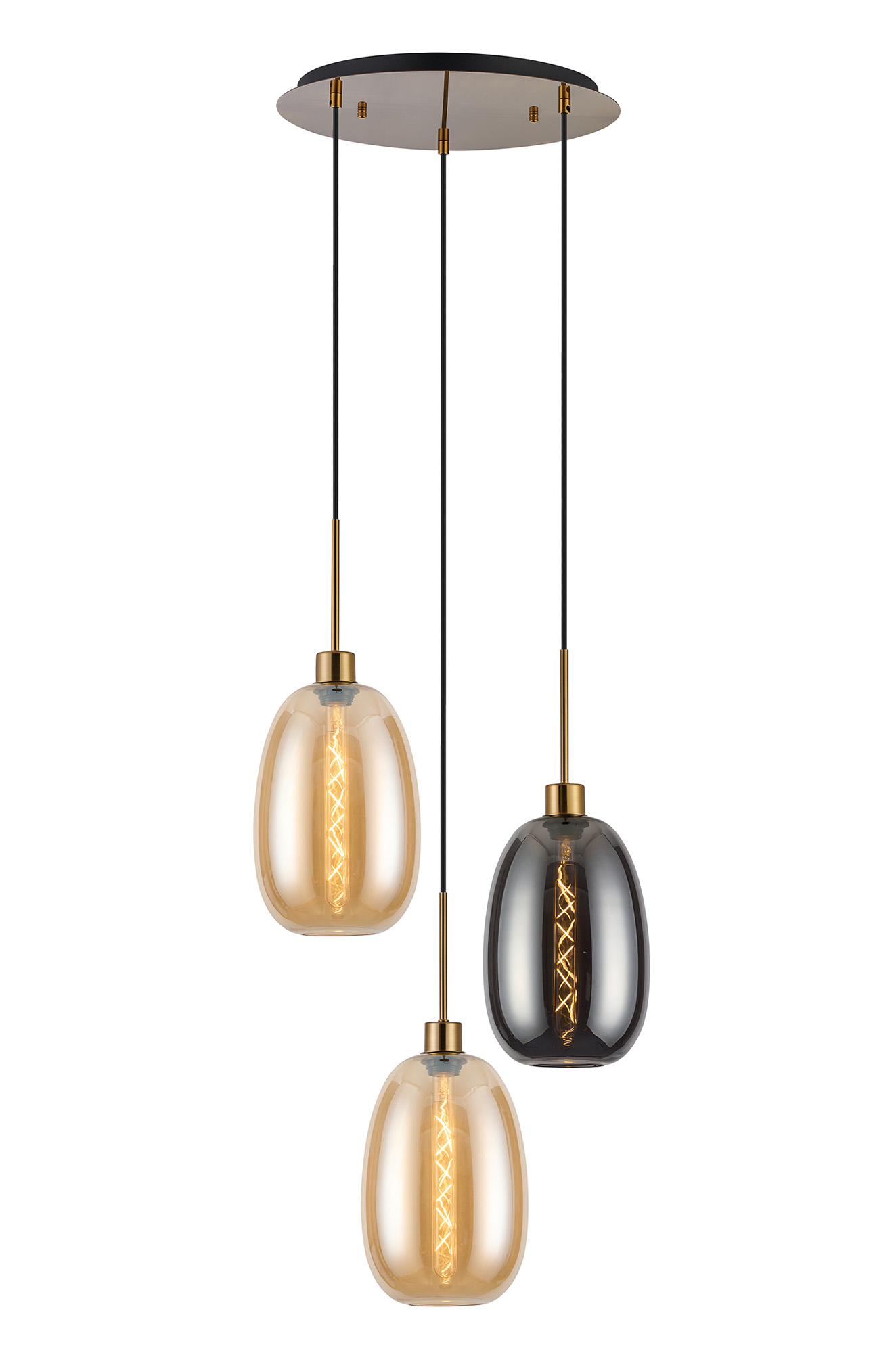DK1176  Lori 40cm Round Pendant, 3 Light Adjustable E27, Antique Gold/Amber/Smoke Slim Curved Trapezium Shades